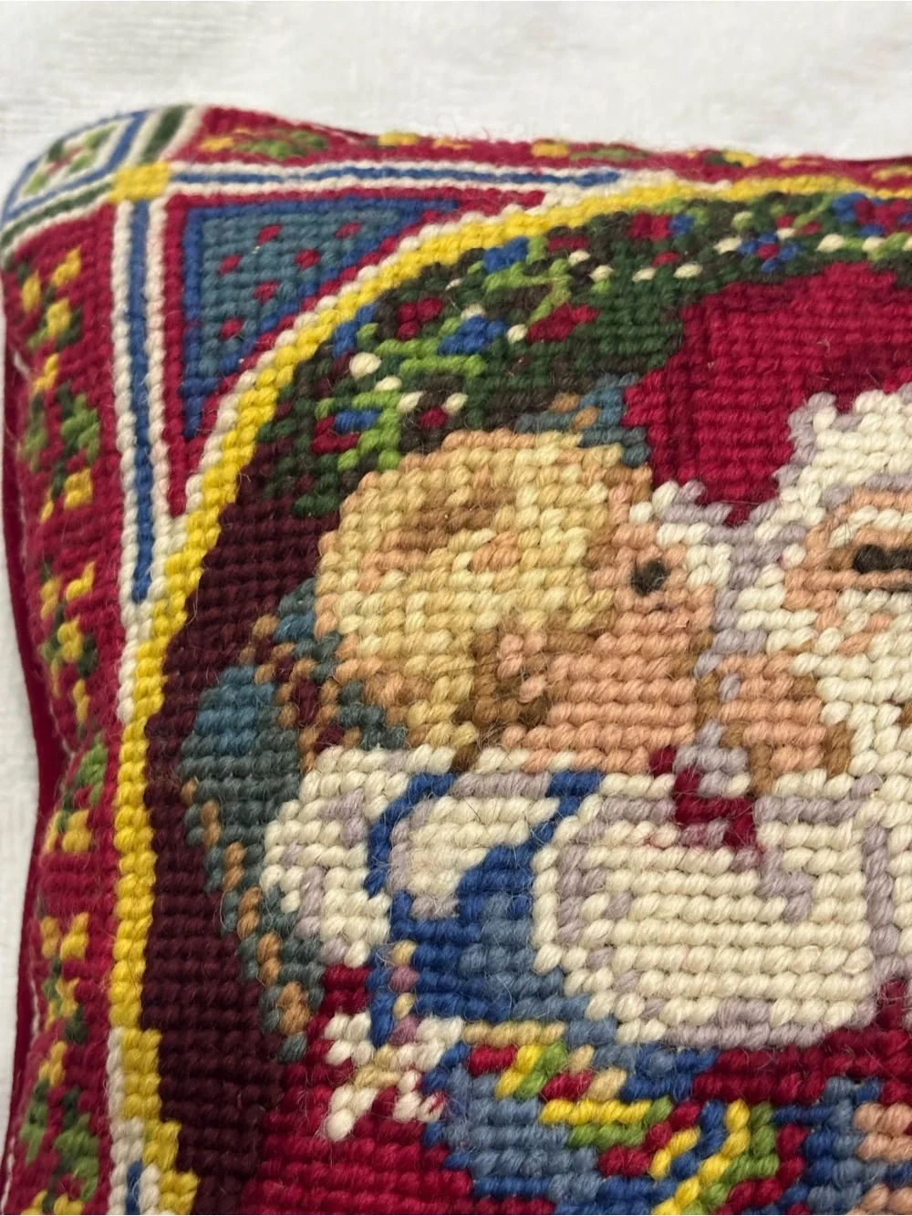 Vtg Christmas Needlepoint Santa & Children Pillow 9x9 Velvet Back cottagecore